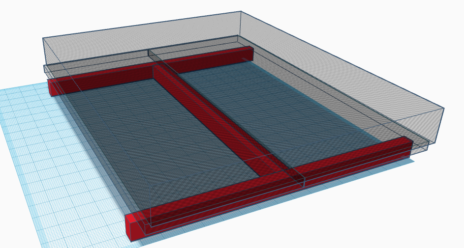 screenshot from tinkercad. the frame resembles an “H”, and transparent slotted frames and a mattress fit right on.